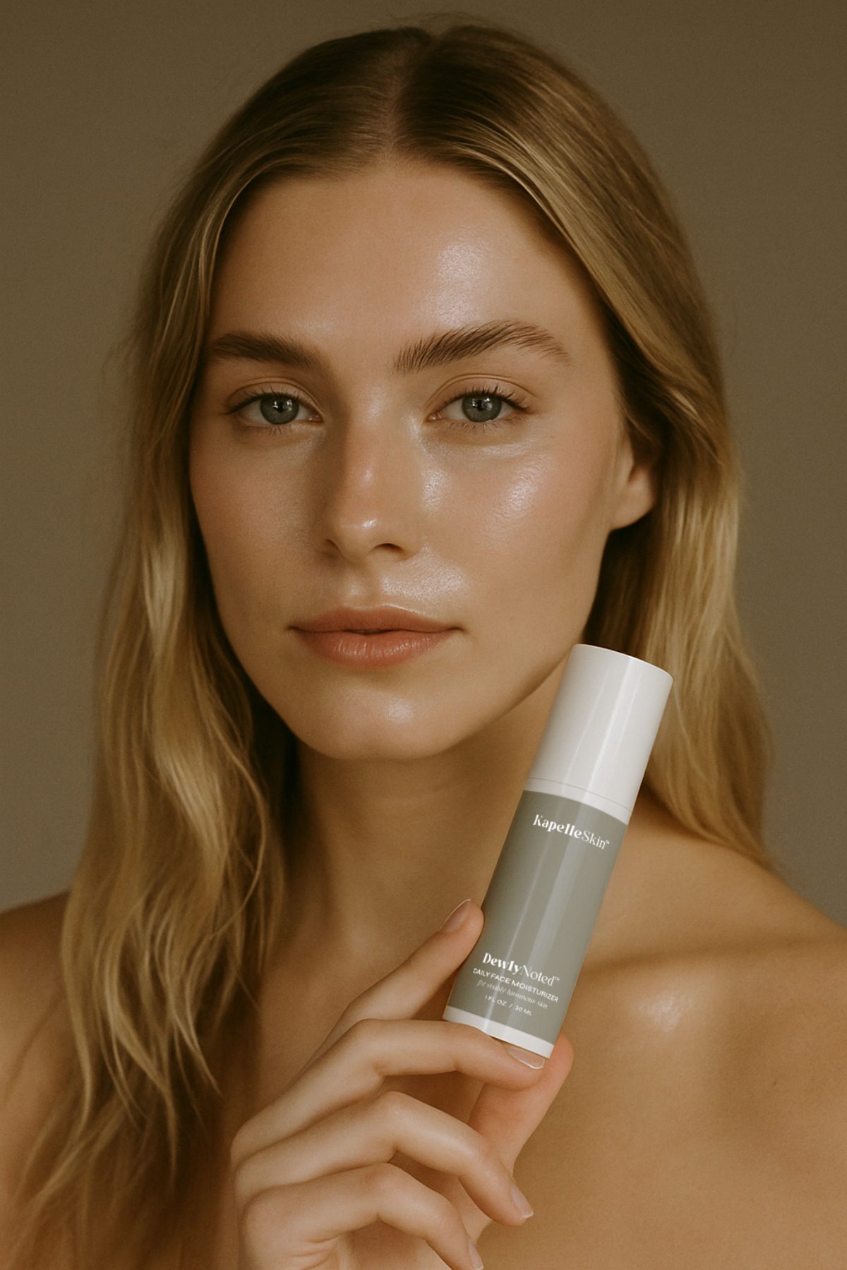 A model with dewy skin holding the KapelleSkin moisturizer.