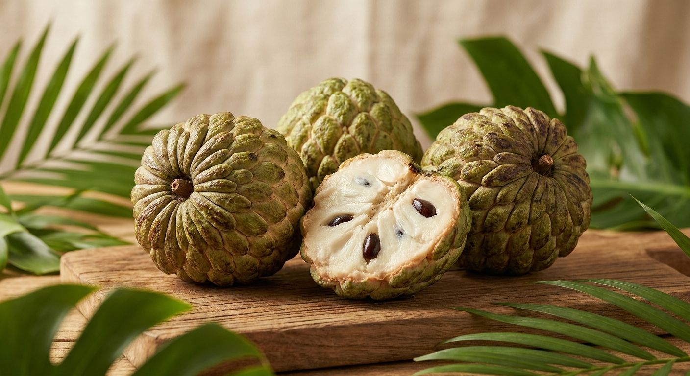 Fresh Kenya custard apples (matomoko) displayed for export, showing their bunchy, cone-segmented tropical fruit appearance.