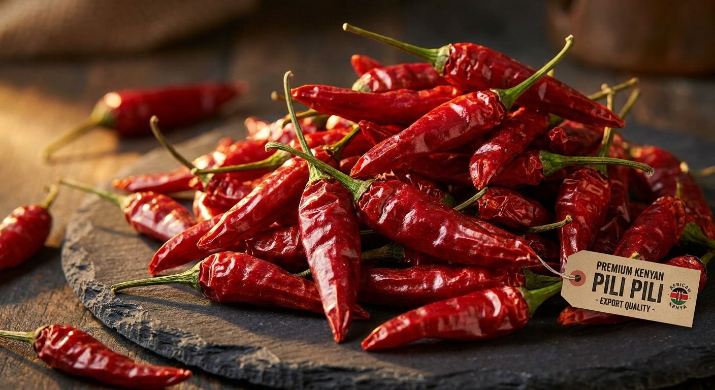 Dried African Bird's Eye chillies from Kenya displayed in bulk for export buyers