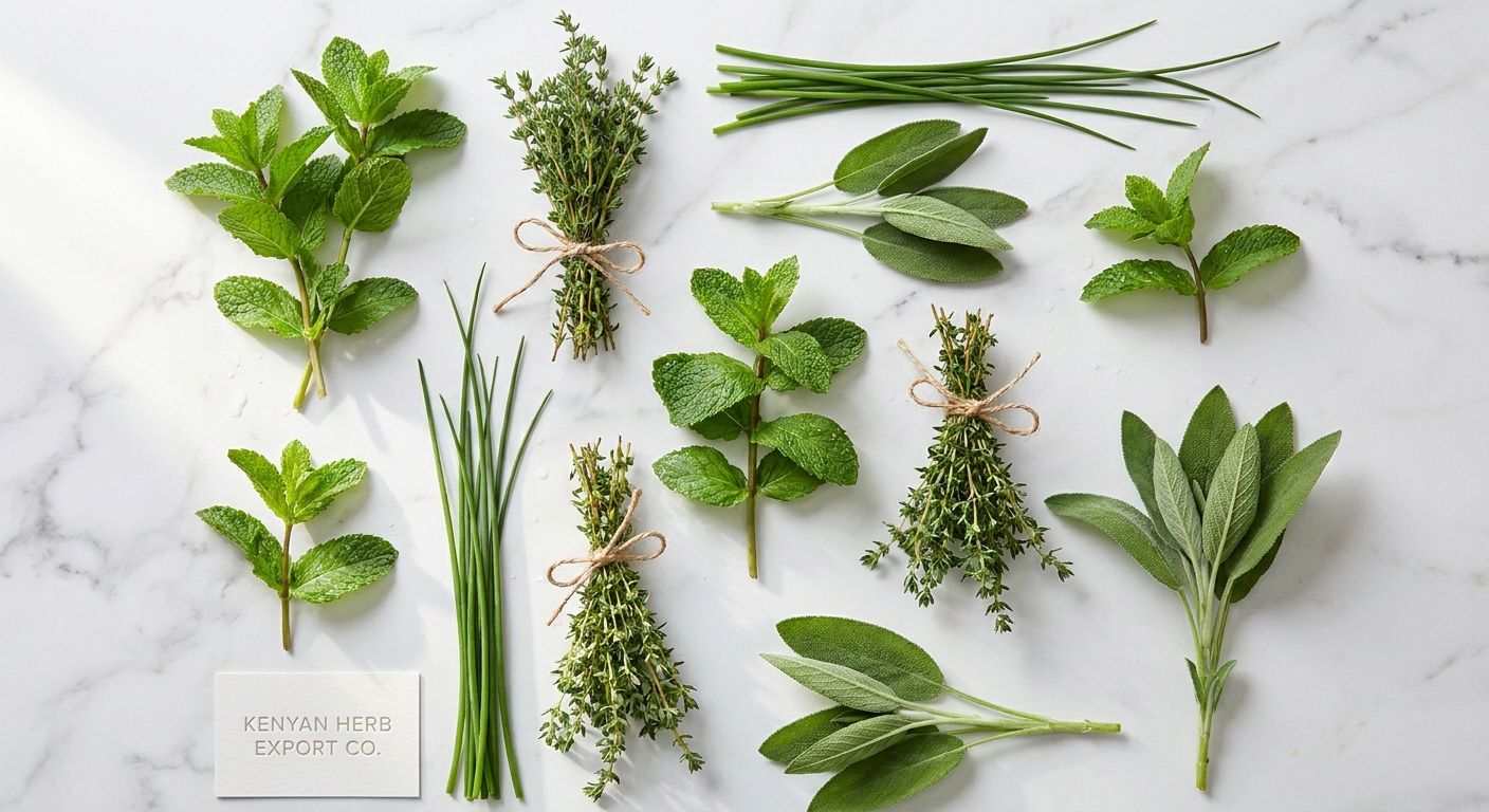 Fresh Kenyan mint, thyme, chives, and sage bundled together for export