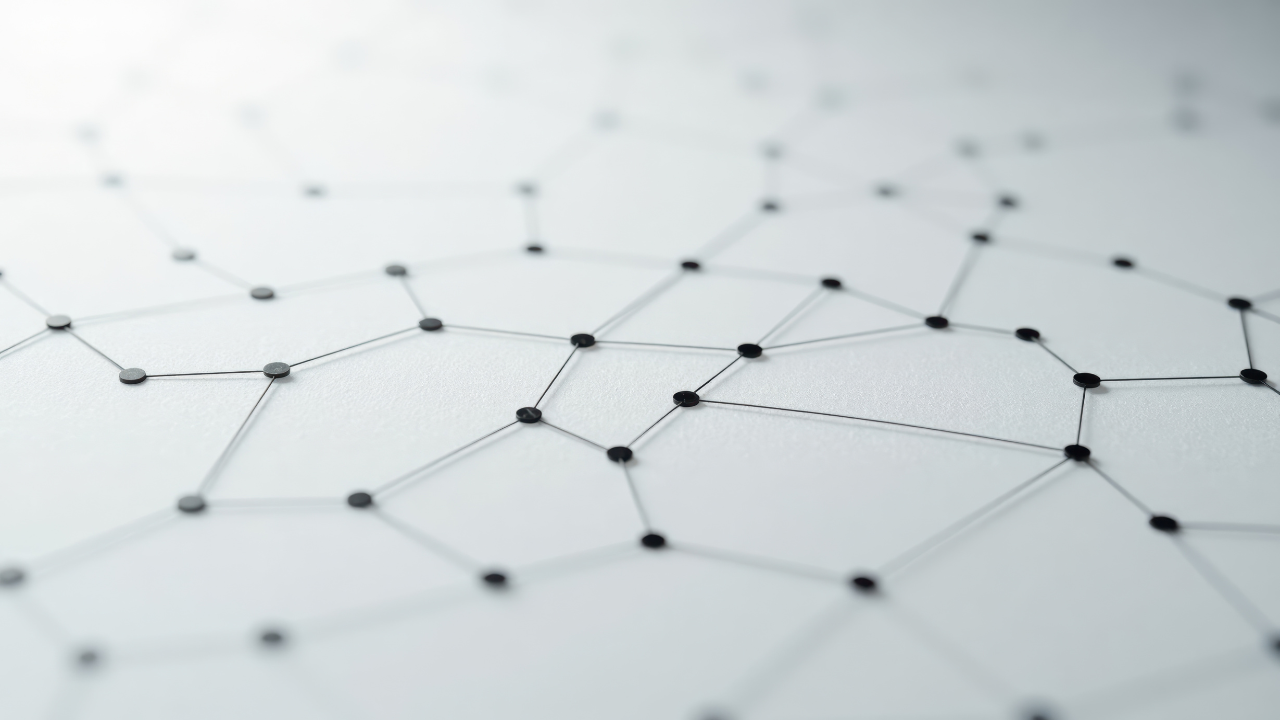 Abstract pattern of black nodes connected by fine lines across a soft white background.