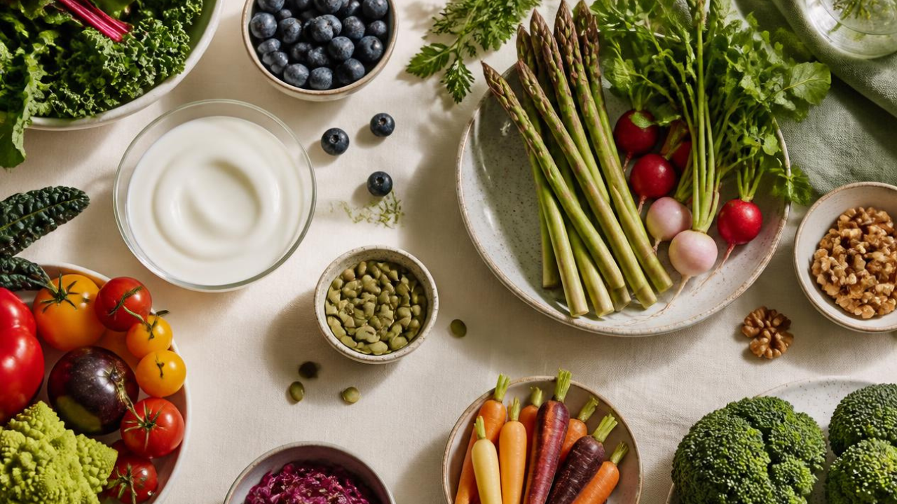 Overhead arrangement of colorful vegetables, blueberries, plain yogurt, seeds, and nuts on an ivory tabletop, featuring asparagus, radishes, leafy greens, and carrots.