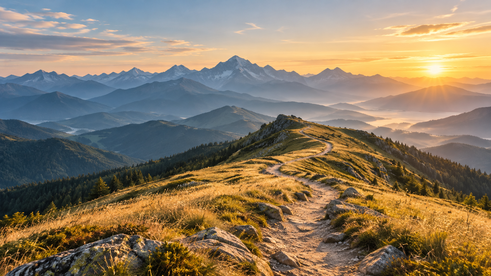 Sunlit mountain pathway winding toward distant blue peaks, representing an informed personal health journey.