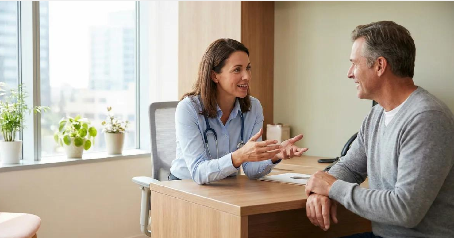 A healthcare professional speaking with an adult patient during a consultation about medication safety and digestive health.
