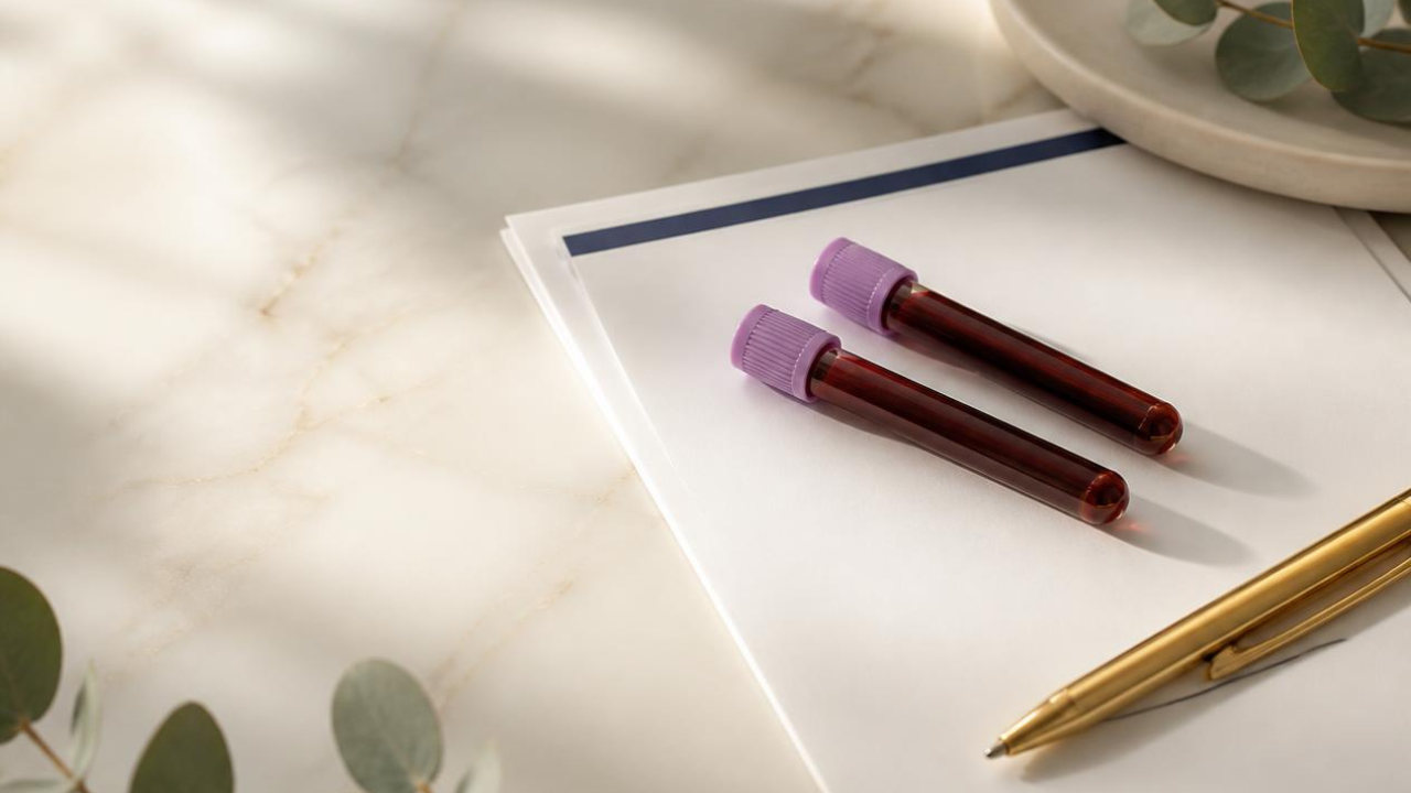 Two lavender-capped blood sample tubes resting on a white laboratory form beside a gold pen, with eucalyptus leaves and soft natural light.