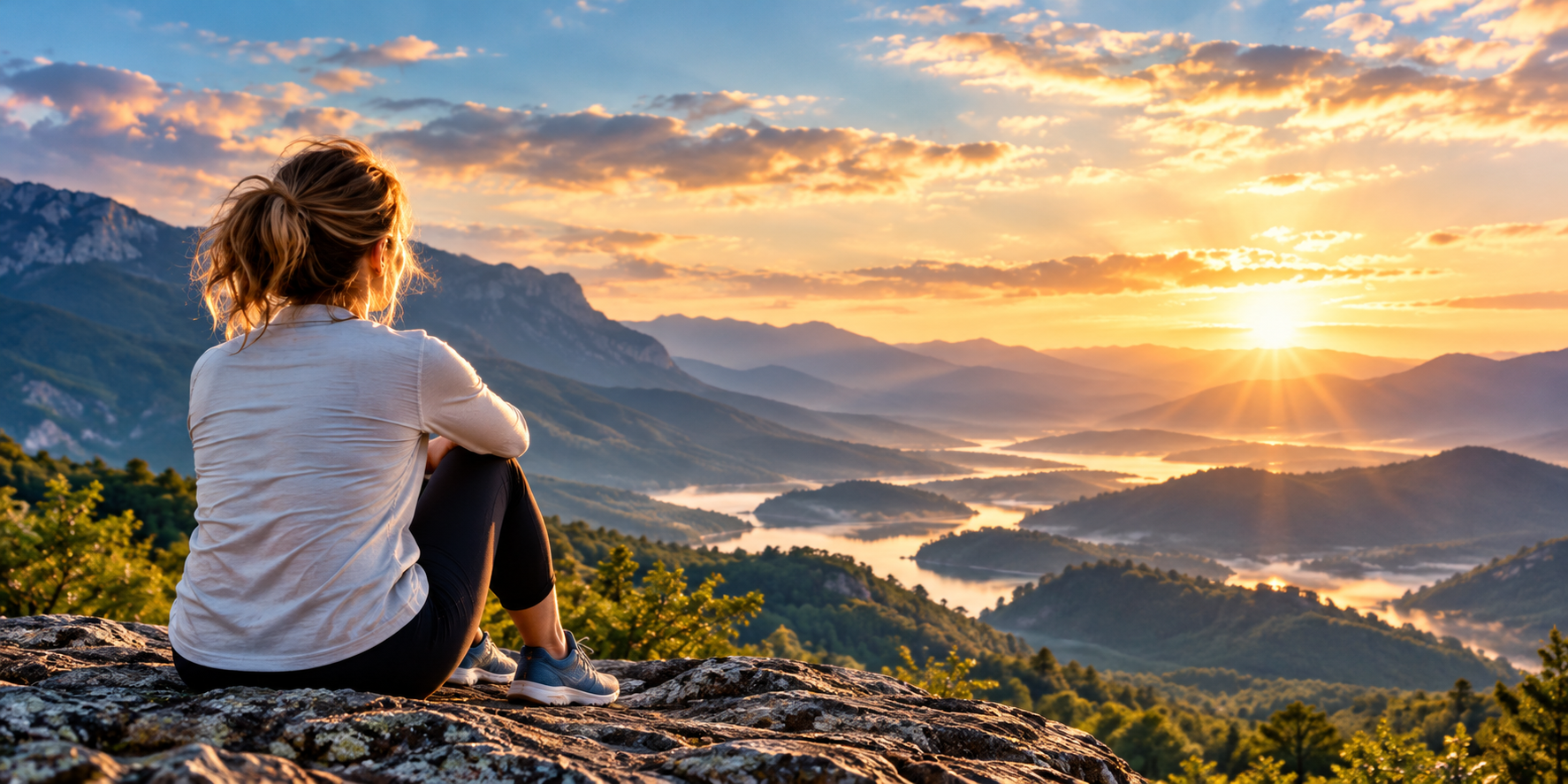 A woman sitting on a rocky mountain overlook watches the sunrise over a misty valley with winding waterways and layered mountain peaks.