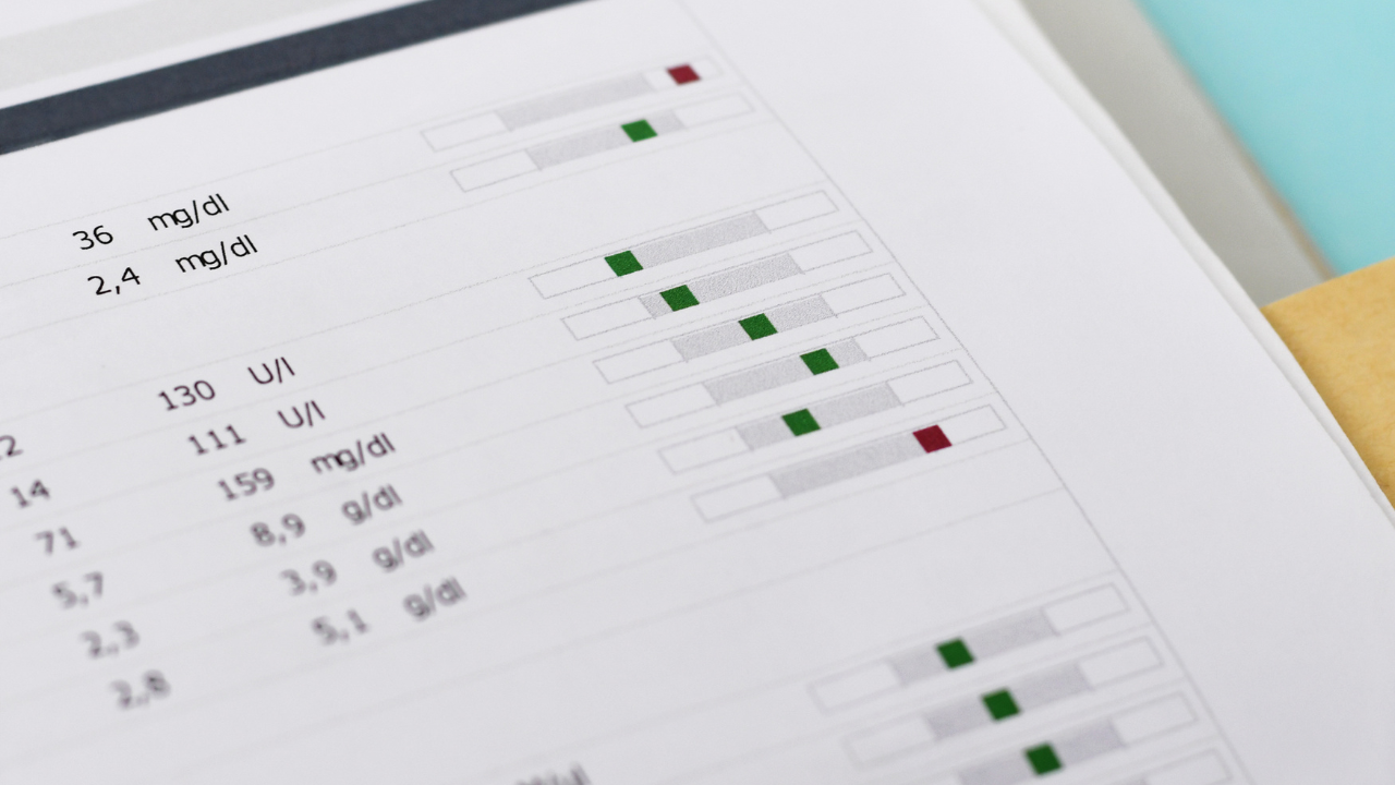 Close-up of a laboratory test report showing numerical results and colored reference-range indicators, illustrating how bloodwork findings are presented.