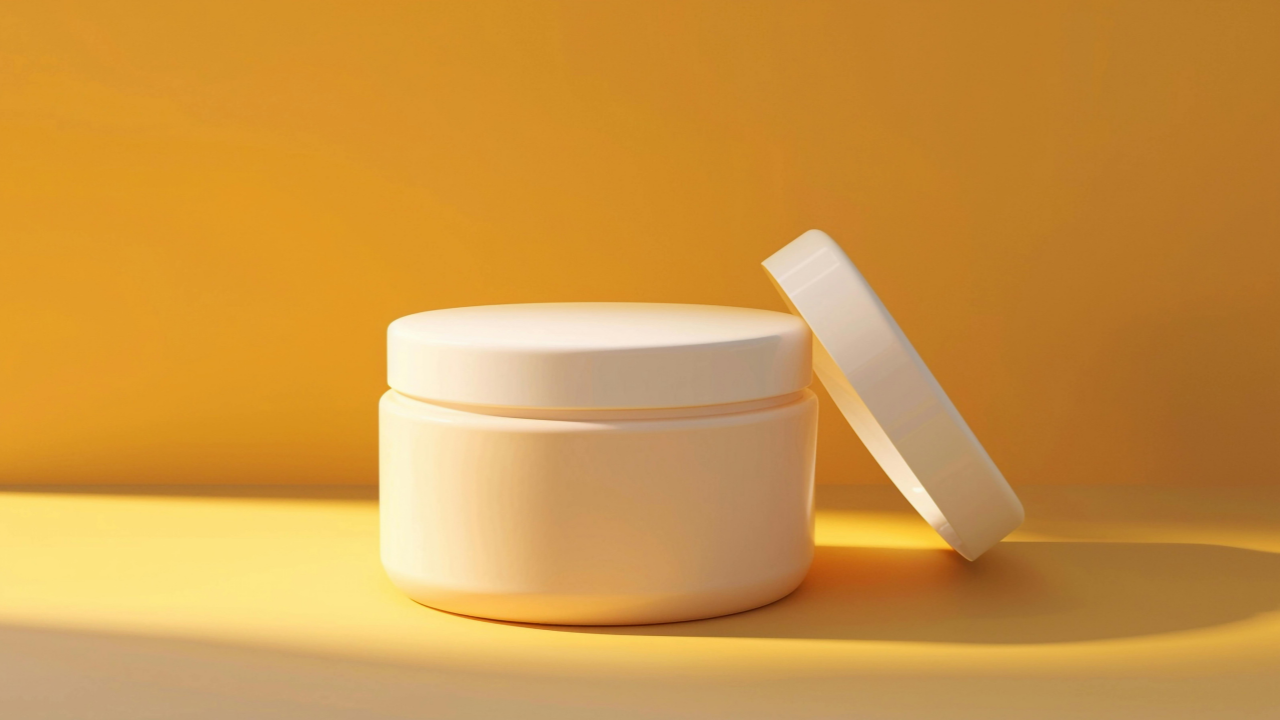 White skin-care cream jar with its lid leaning beside it against a warm golden background.