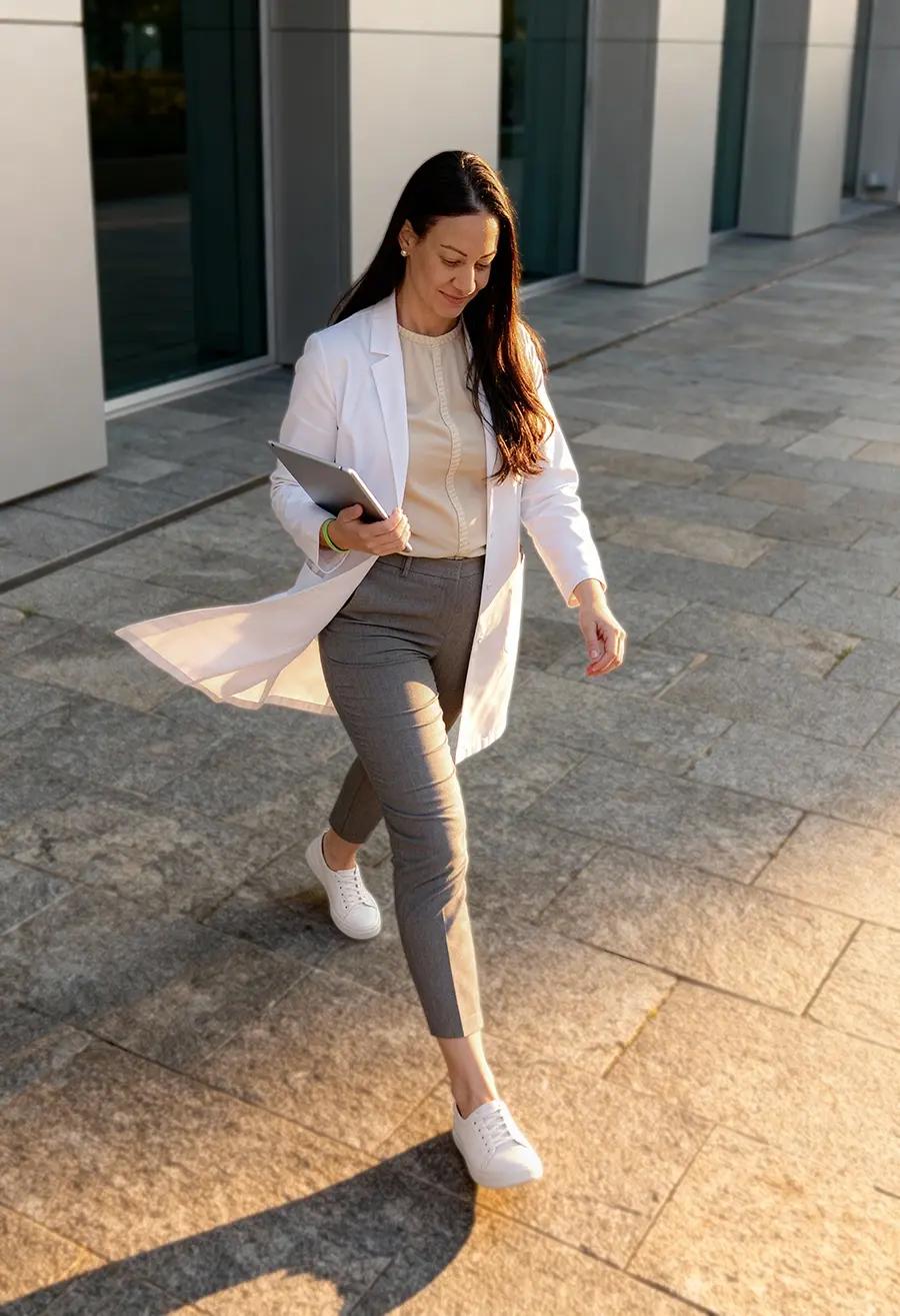 Médica con bata blanca caminando por el exterior del centro médico.