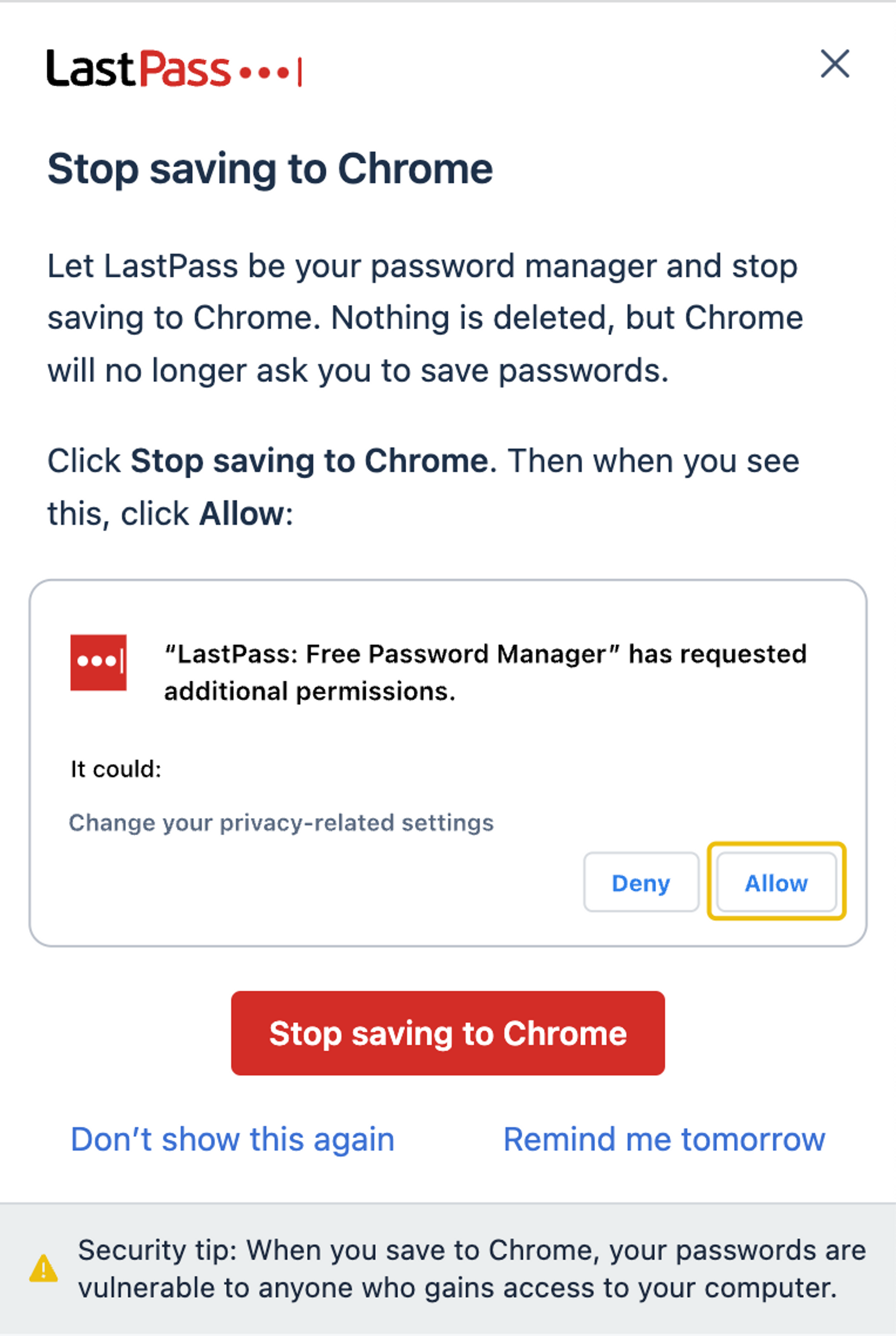 Lastpass asking to block Chrome password manager