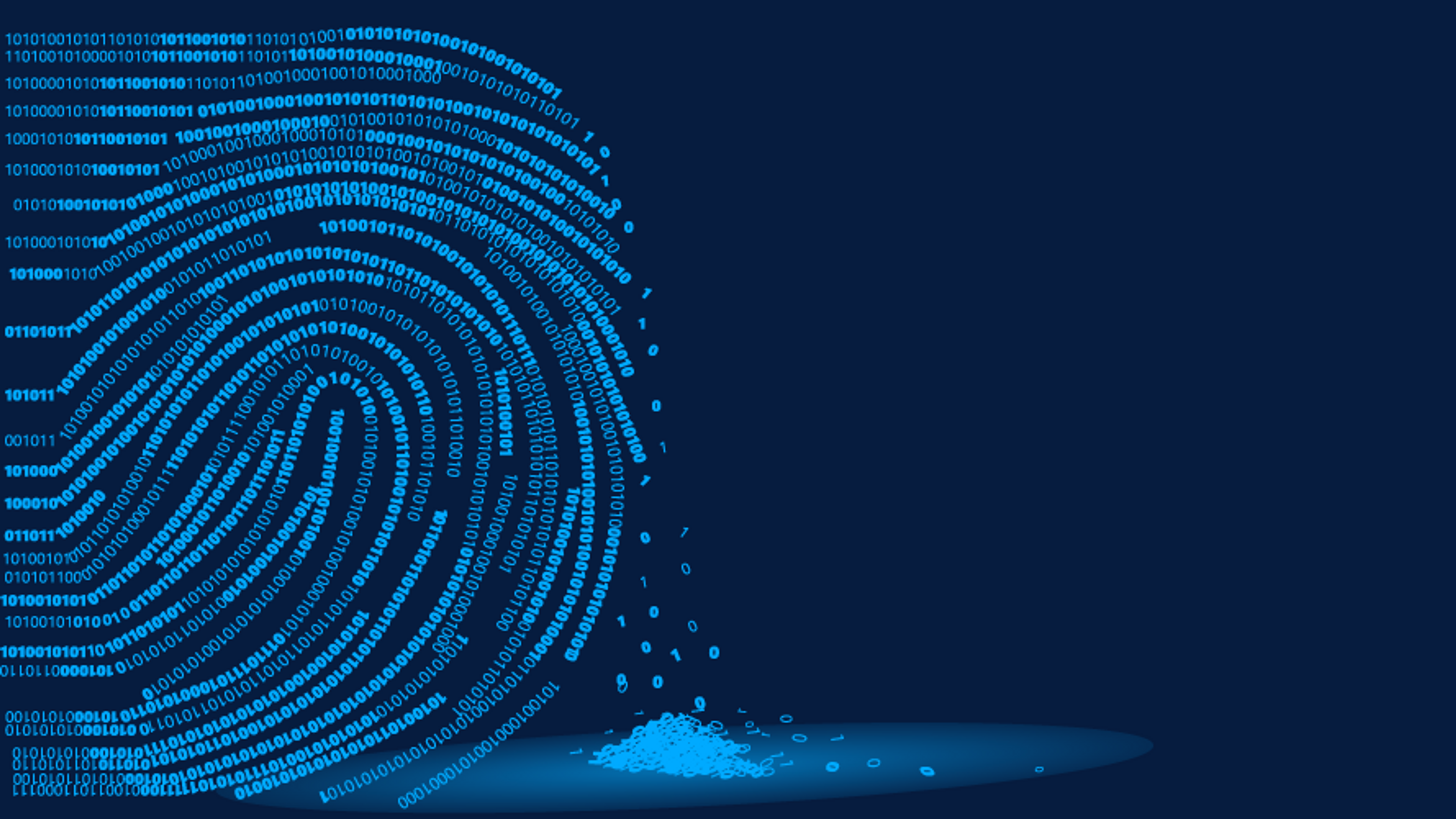Illustration of a digital fingerprint made up of ones and zeros, slowly disintegrating into a pile of data.