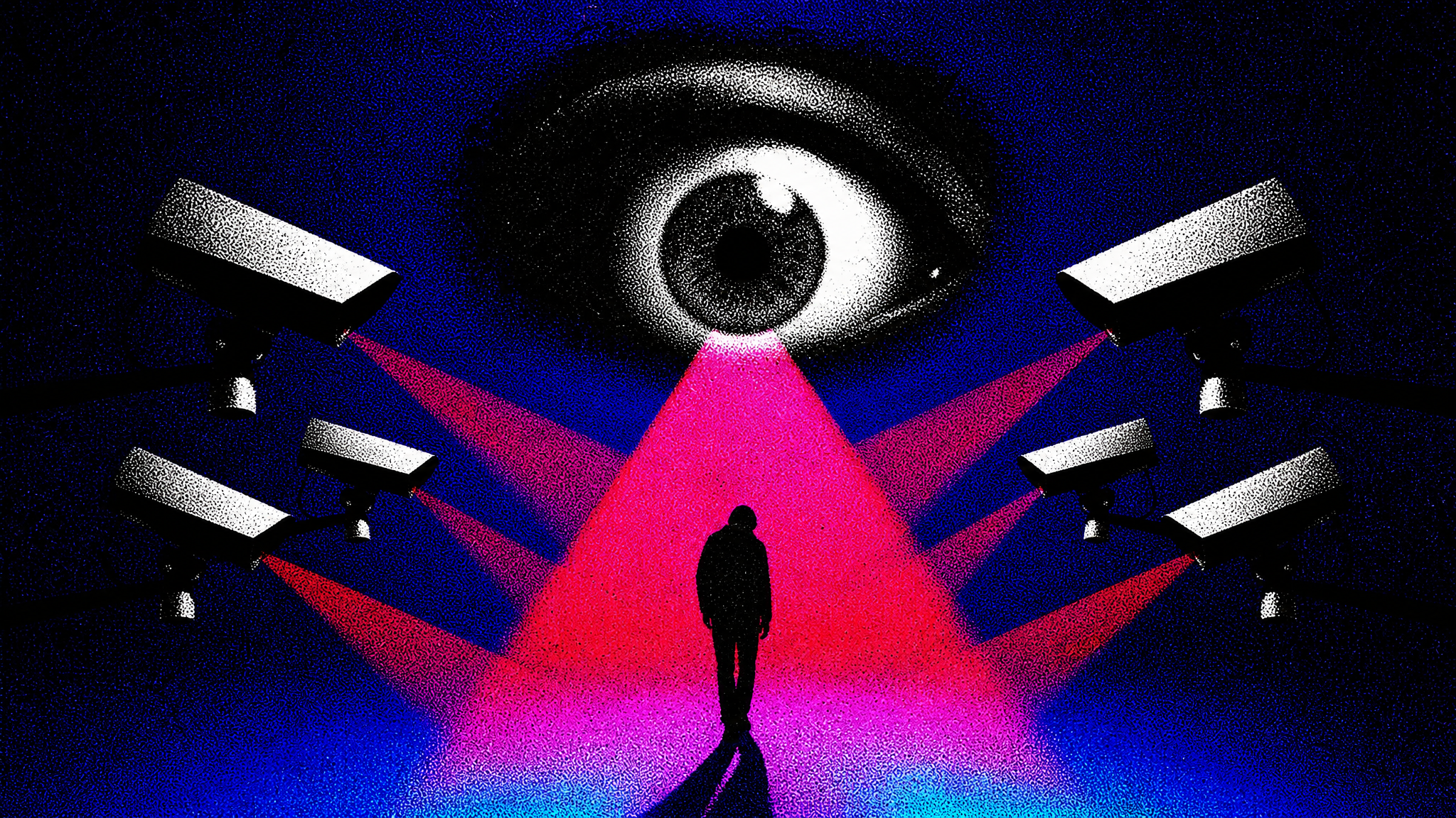 A lone figure stands in a red beam beneath a giant surveillance eye, flanked by security cameras.