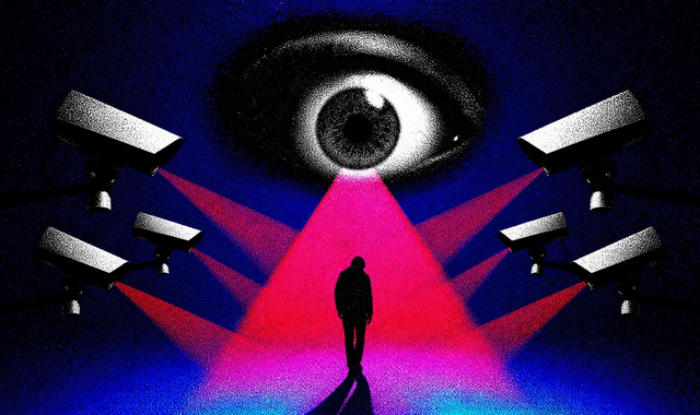 A lone figure stands in a red beam beneath a giant surveillance eye, flanked by security cameras.