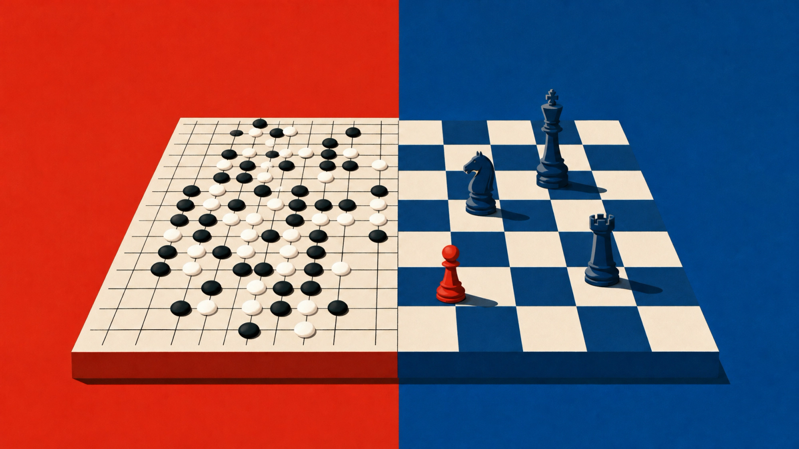 A single board split down the middle: the left half a Go board dense with black and white stones on a red field, the right half a sparse chessboard with a few tall pieces — and one lone red pawn — on a blue field.