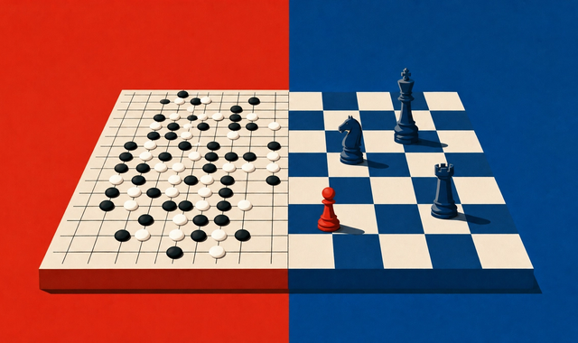 A single board split down the middle: the left half a Go board dense with black and white stones on a red field, the right half a sparse chessboard with a few tall pieces — and one lone red pawn — on a blue field.