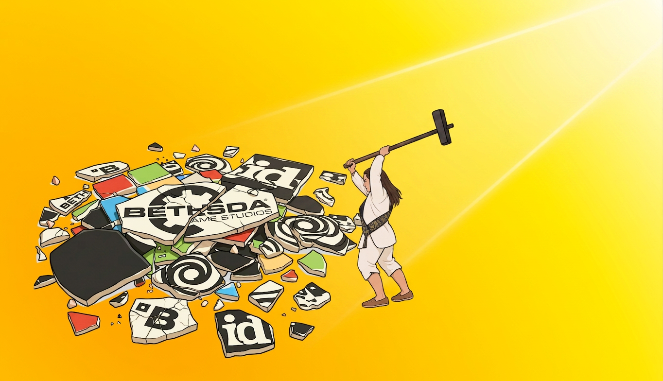 An illustrated figure swings a giant hammer down onto a shattered heap of video-game studio logos, including Bethesda and id Software, against a bright orange background.
