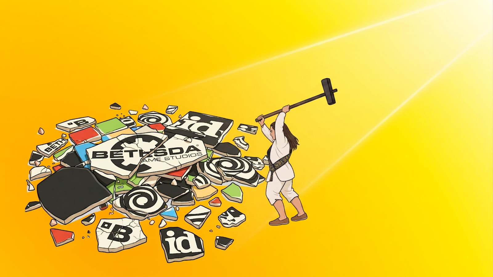 An illustrated figure swings a giant hammer down onto a shattered heap of video-game studio logos, including Bethesda and id Software, against a bright orange background.