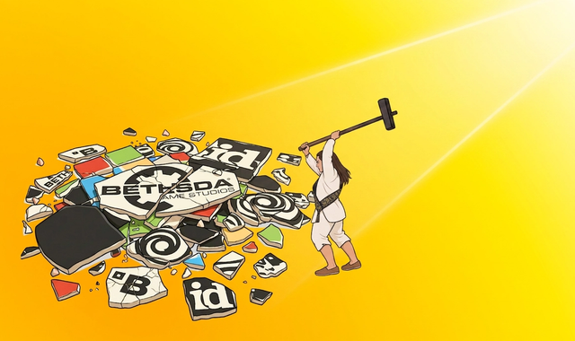 An illustrated figure swings a giant hammer down onto a shattered heap of video-game studio logos, including Bethesda and id Software, against a bright orange background.