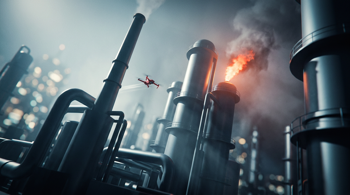 A cinematic view of an oil refinery at dusk in cold blue light, a red plume of fire erupting from one tower as a small drone streaks toward it.