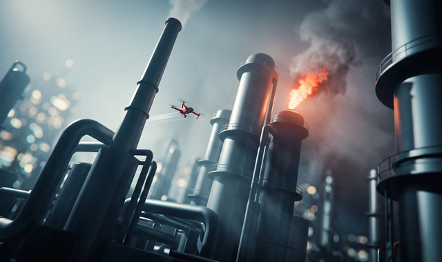 A cinematic view of an oil refinery at dusk in cold blue light, a red plume of fire erupting from one tower as a small drone streaks toward it.