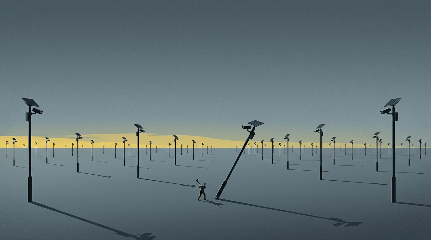 Editorial illustration: a lone figure swings an axe at the base of one of many surveillance-camera poles scattered across a vast empty plain under a dusk sky.