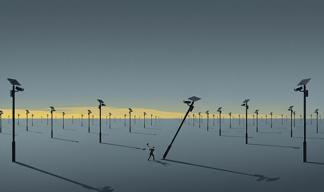 Editorial illustration: a lone figure swings an axe at the base of one of many surveillance-camera poles scattered across a vast empty plain under a dusk sky.