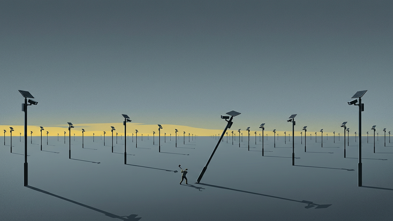 Editorial illustration: a lone figure swings an axe at the base of one of many surveillance-camera poles scattered across a vast empty plain under a dusk sky.