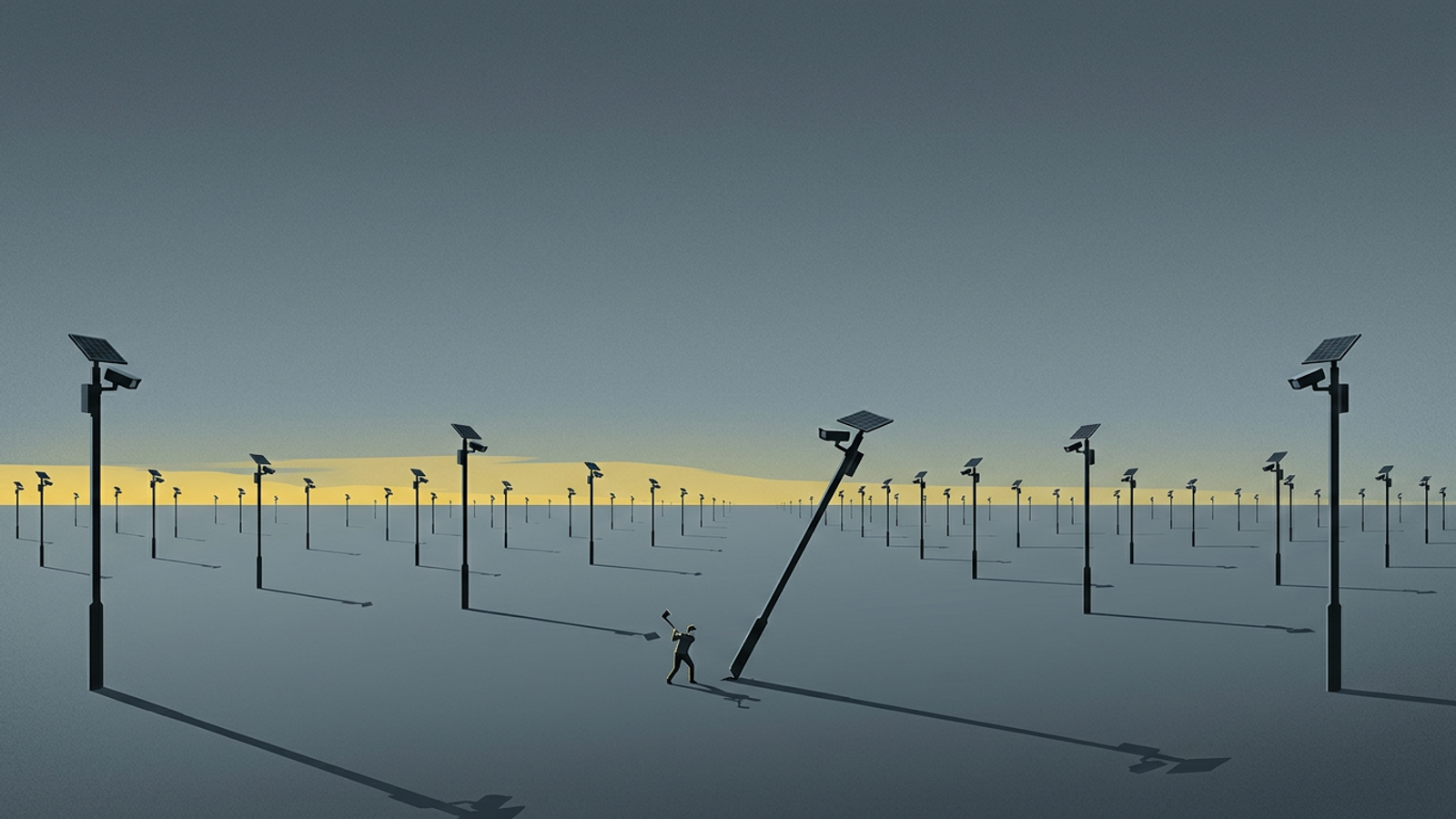 Editorial illustration: a lone figure swings an axe at the base of one of many surveillance-camera poles scattered across a vast empty plain under a dusk sky.