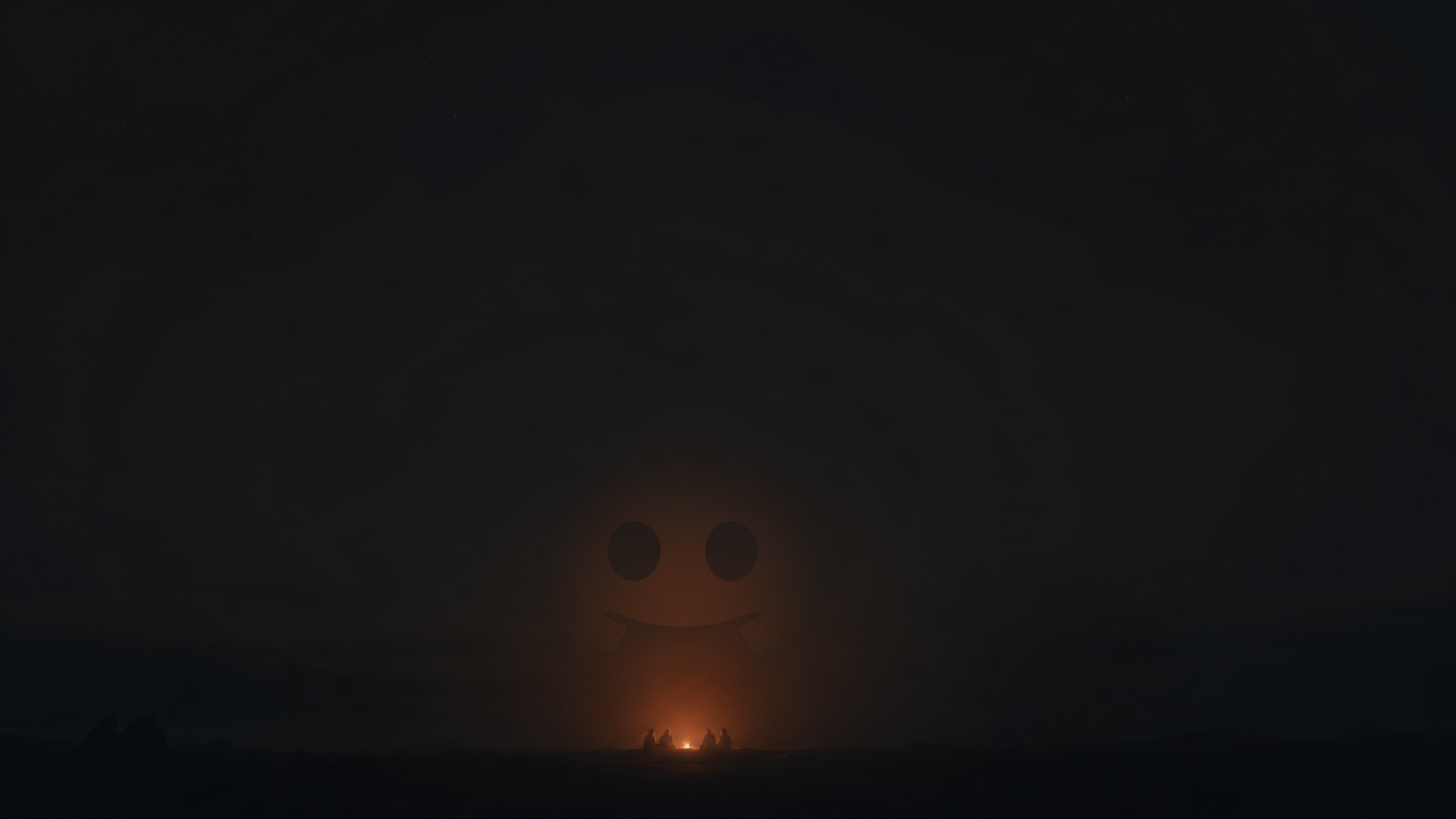 A small group gathered around a distant campfire in the dark.