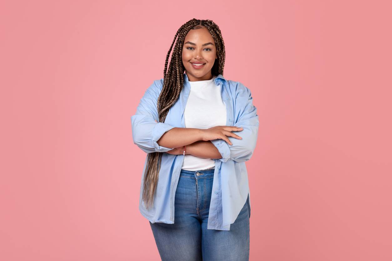 Overweight happy woman smiling