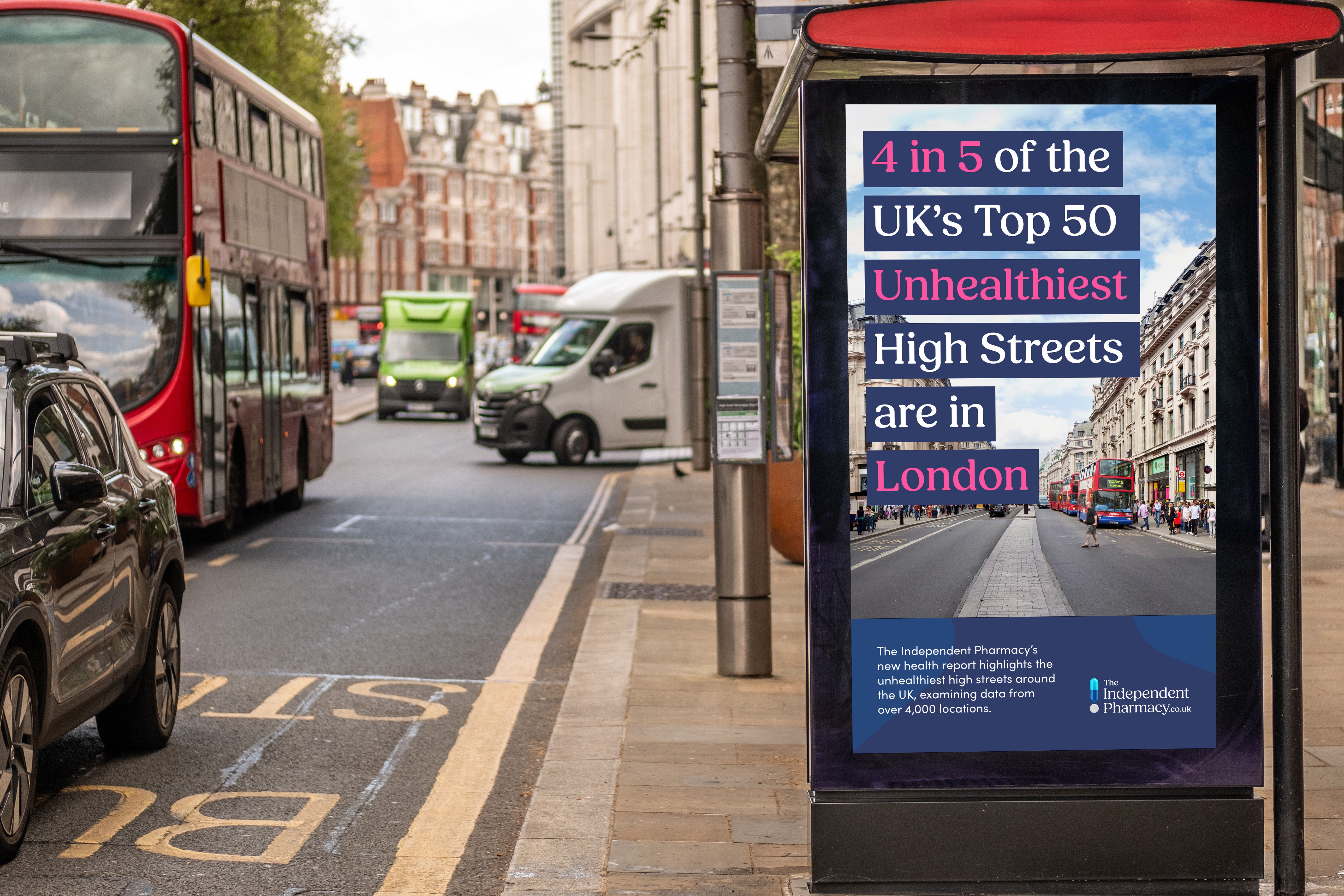 Image with superimposed bus stop advert, showing survey results of unhealthy high streets