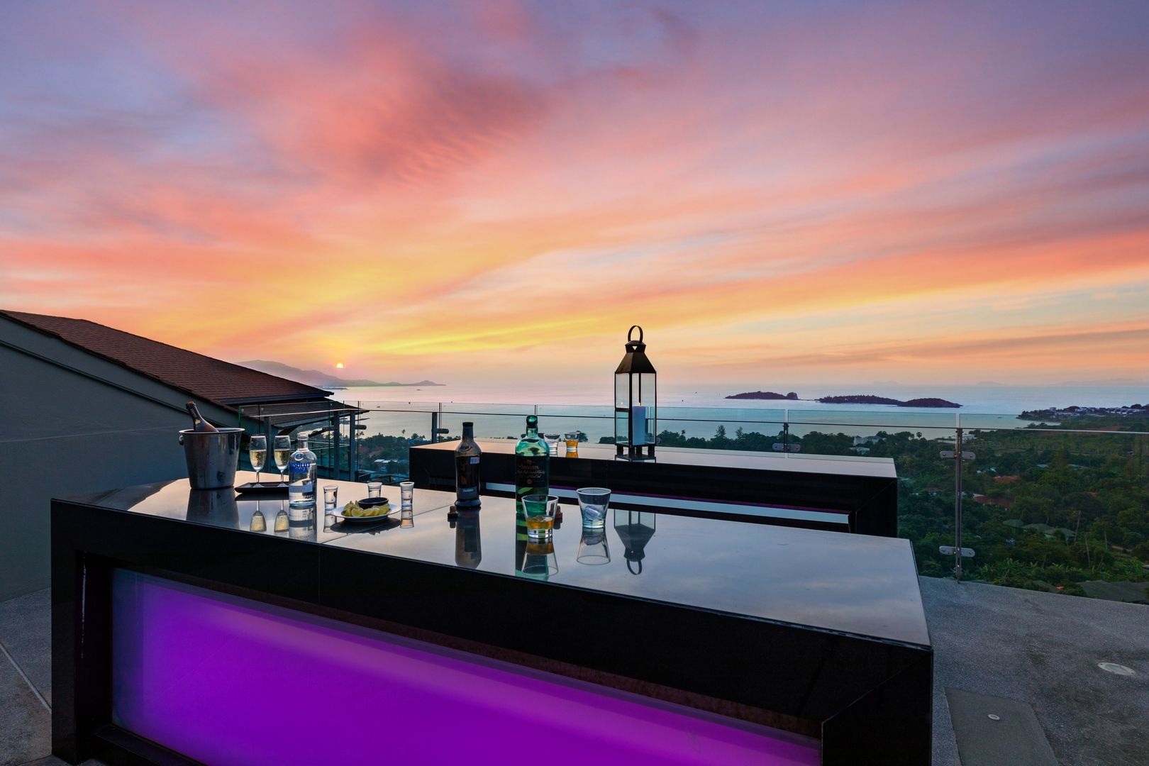 Villa Skyfall rooftop bar at sunset