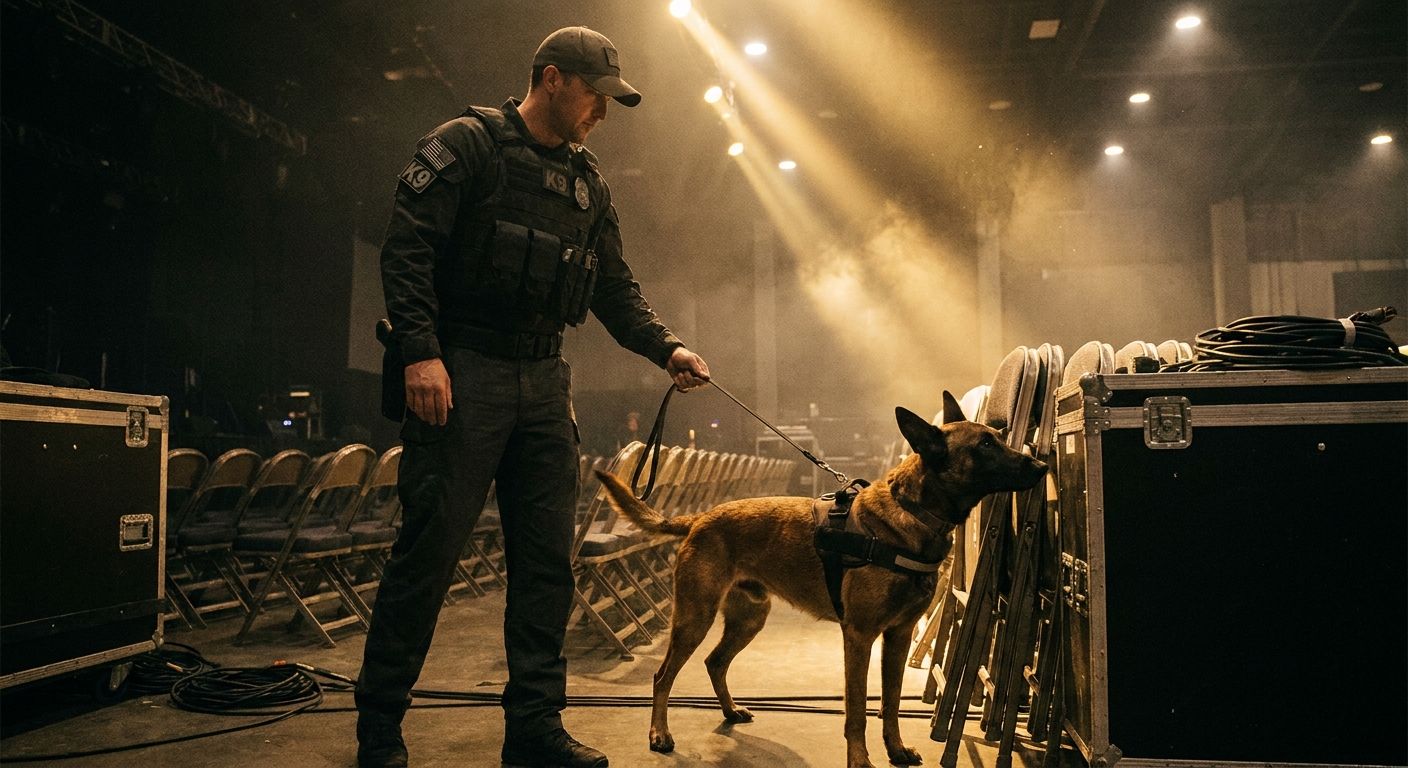 K9 handler and explosive-detection dog sweeping an event venue