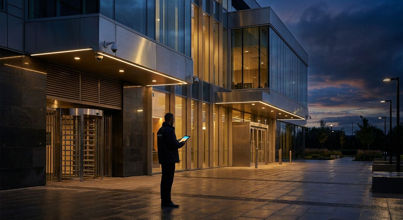 Security consultant assessing a venue exterior at dusk