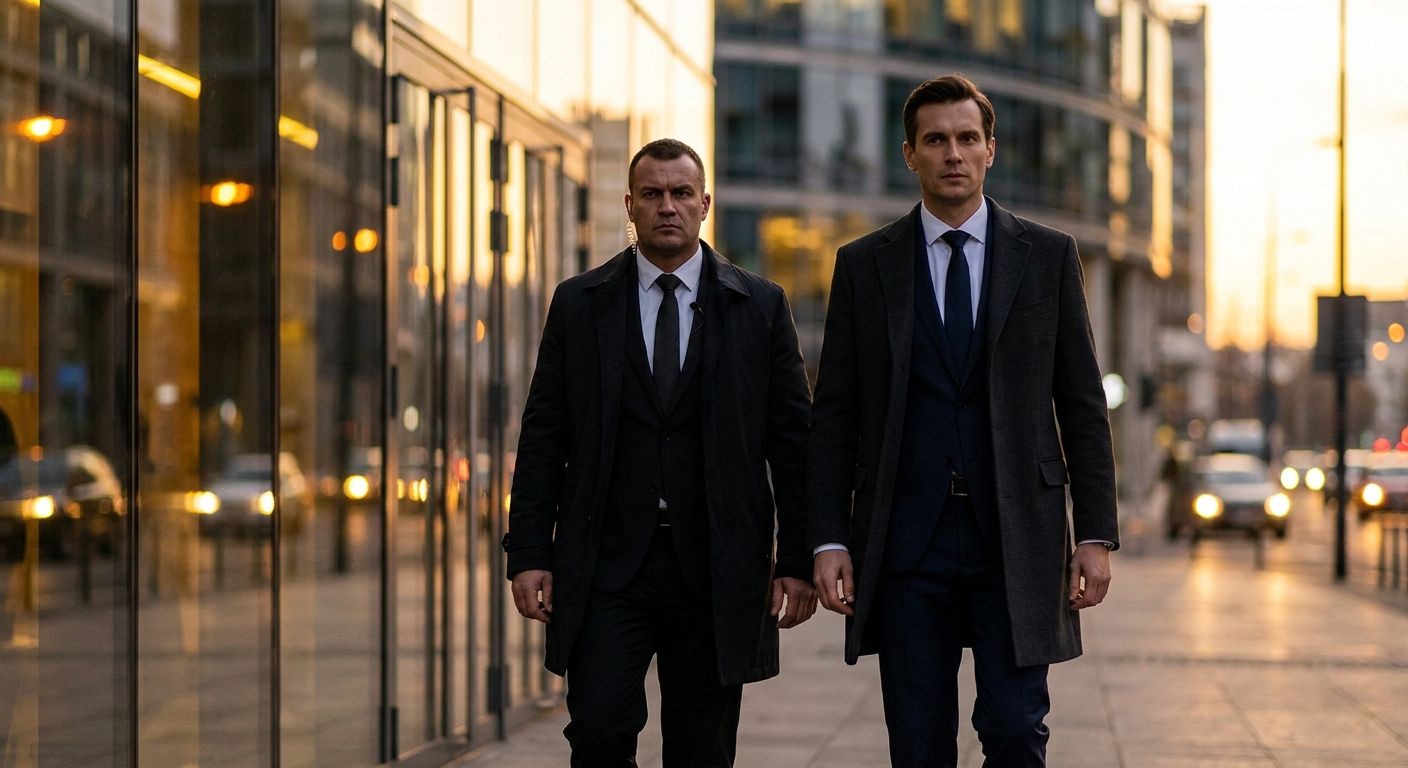Close-protection agent escorting a client outside a modern office building