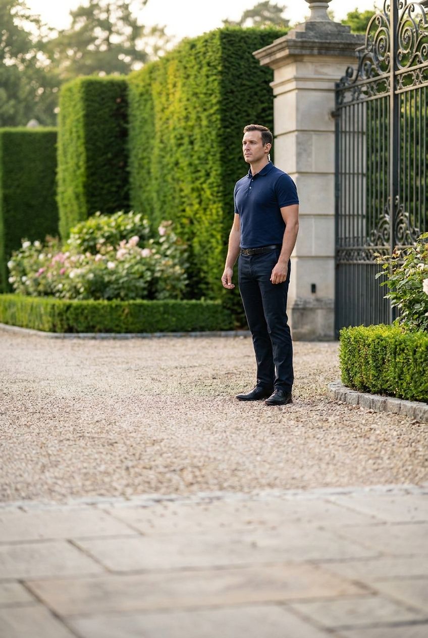 Uniformed security officer maintaining a visible presence outside a property