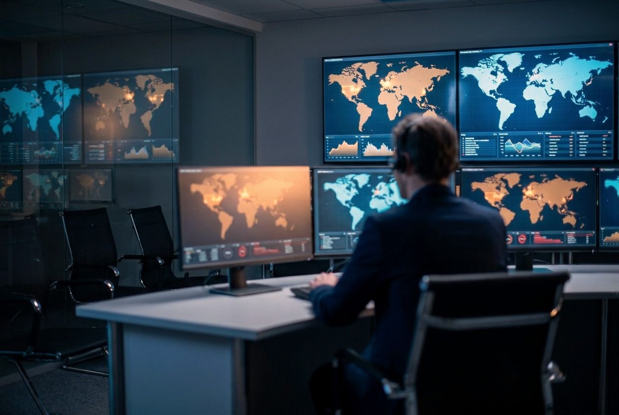 Analyst monitoring global threat feeds in an operations center
