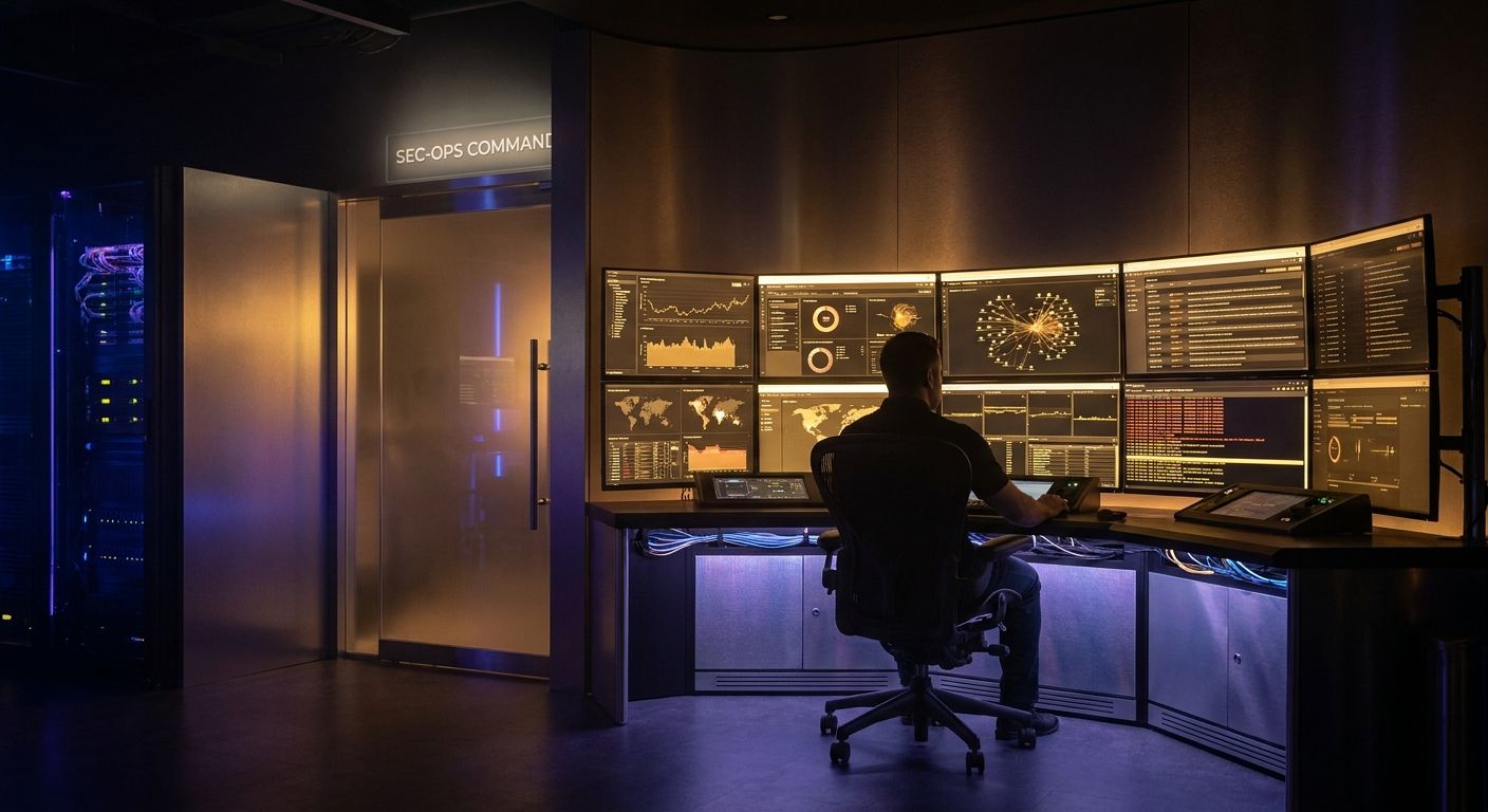 Analyst monitoring threat dashboards in a cyber operations room