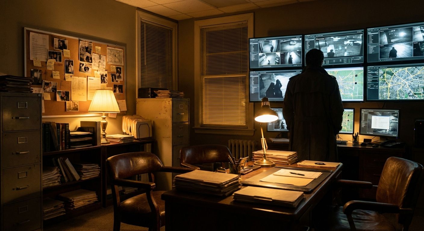 Investigator reviewing case files in a private investigation office