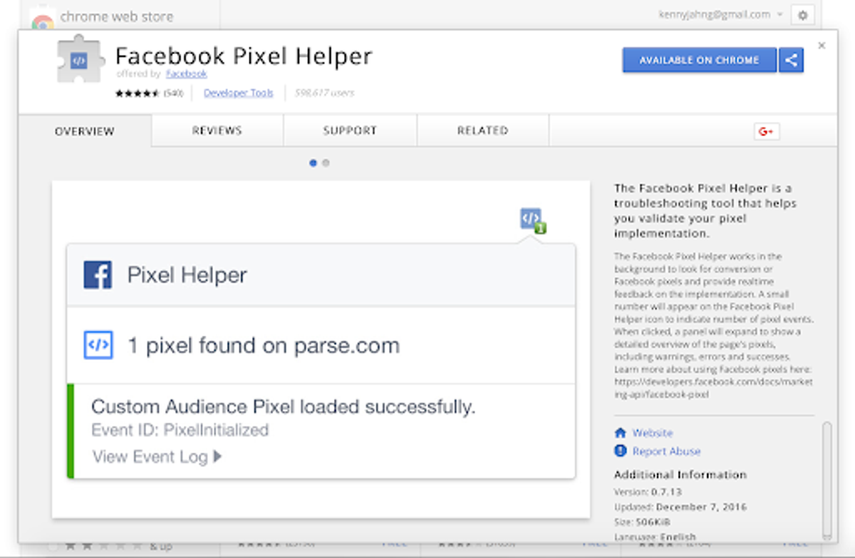 https://chrome.google.com/webstore/detail/facebook-pixel-helper/fdgfkebogiimcoedlicjlajpkdmockpc?hl=en