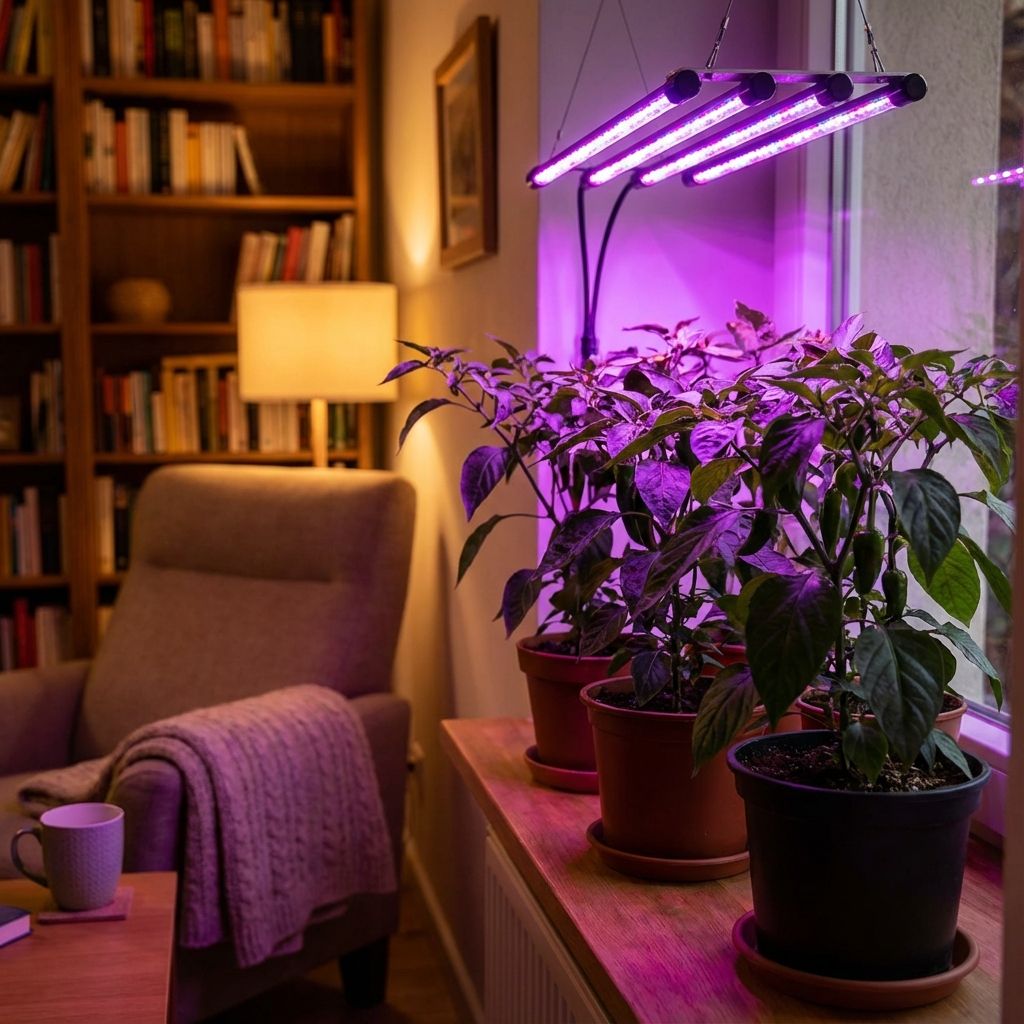 Omslagsbild för guiden om Belysning för Chiliplantor: Allt om Växtlampor och Soltimmar