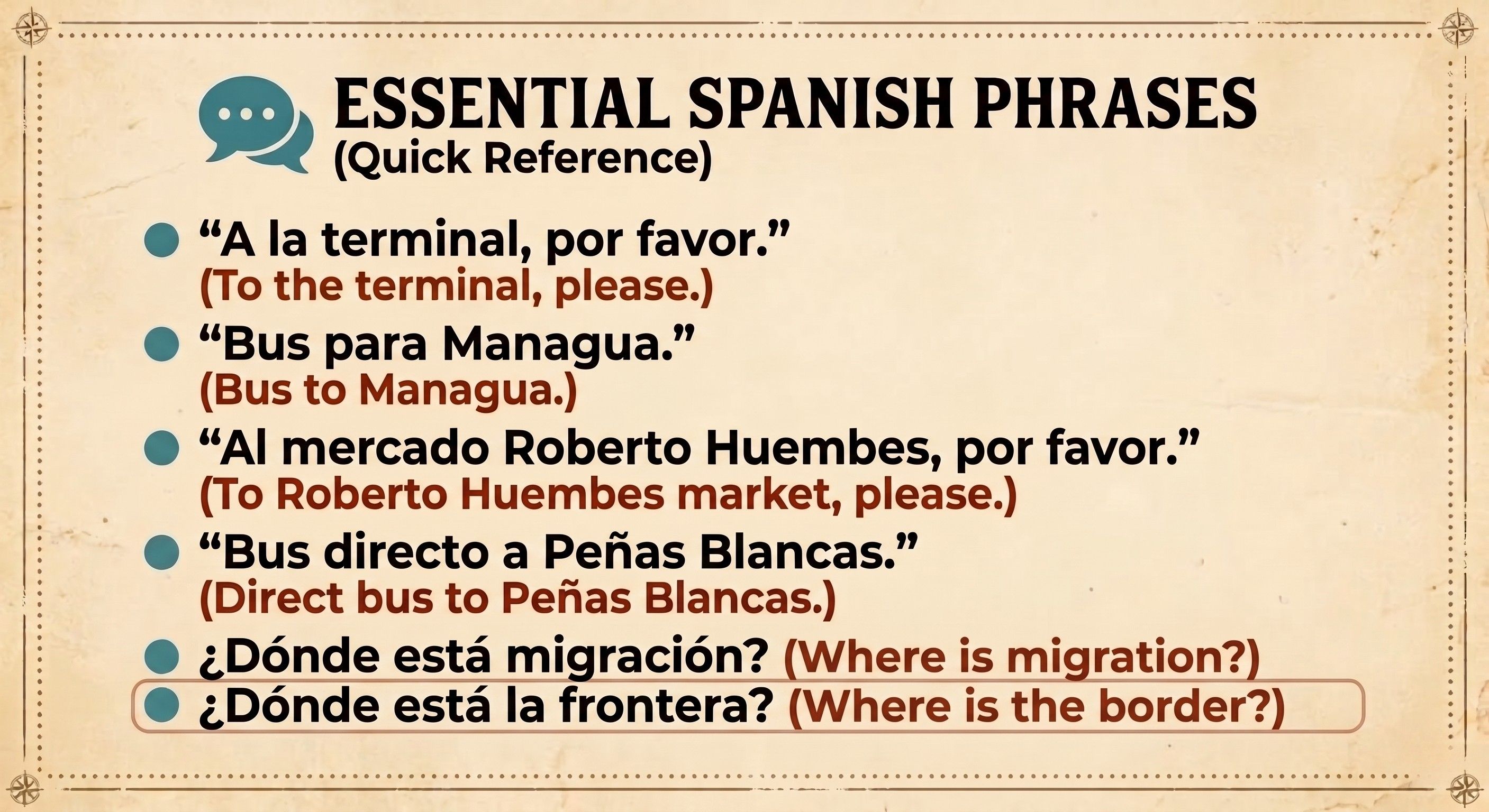Spanish phrases for buses and border crossing in Nicaragua