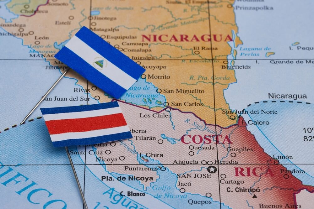 Stylised map view of Costa Rica and the Nicaraguan border