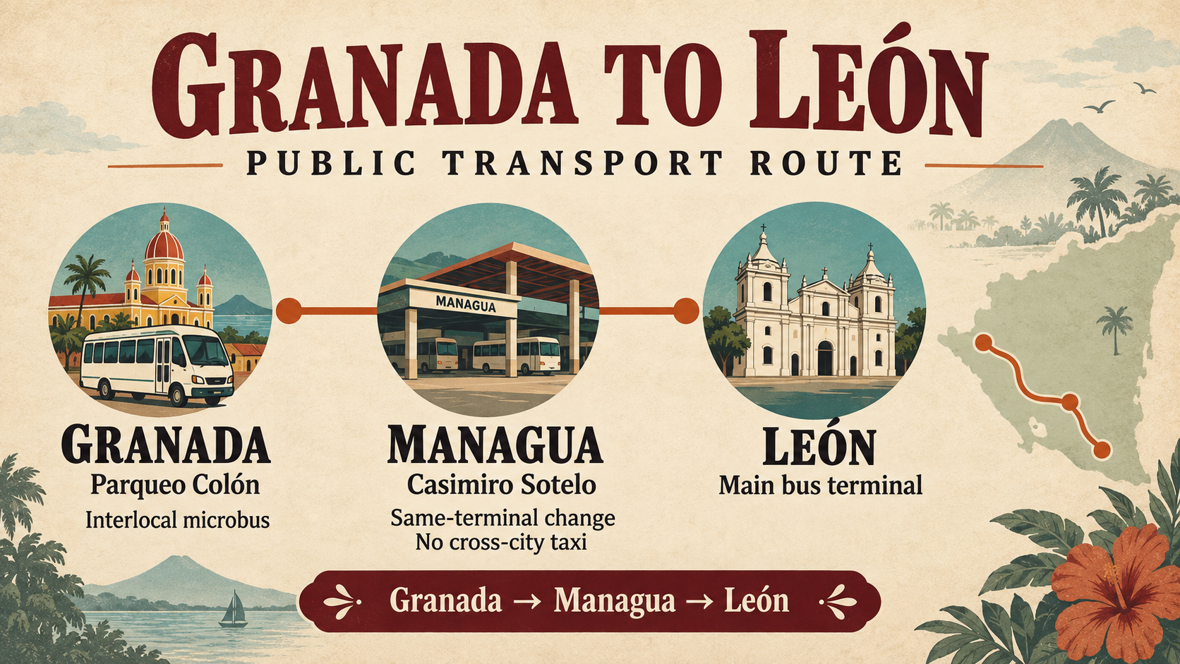 Public transport route from Granada to León via Managua