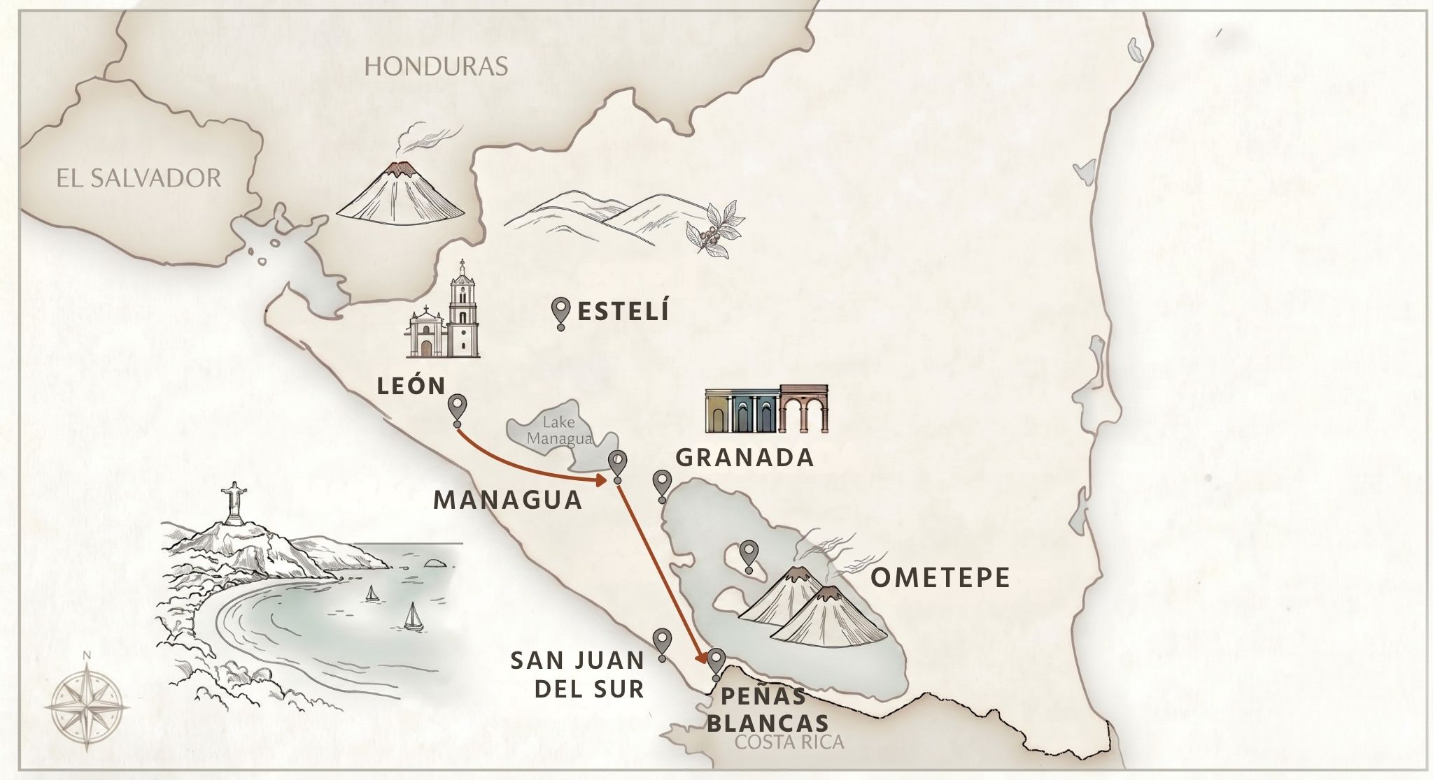 Nicaragua route from Leon to Penas Blancas, Costa Rica Border