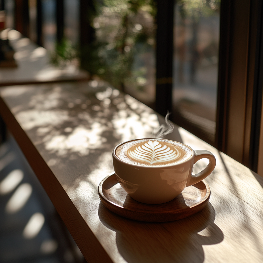 A minimalist coffee shop interior bathed in soft morning sunlight streaming through large windows, creating long shadows across a polished wooden counter