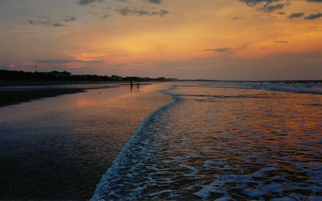 people walking on beach during sunset
