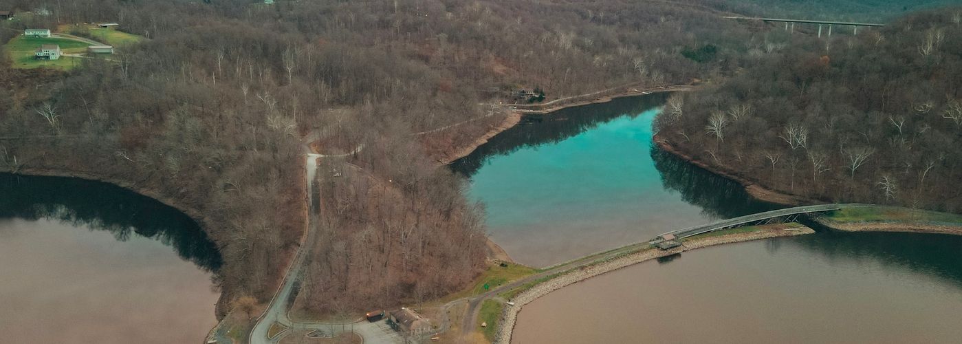 an aerial view of a lake surrounded by trees