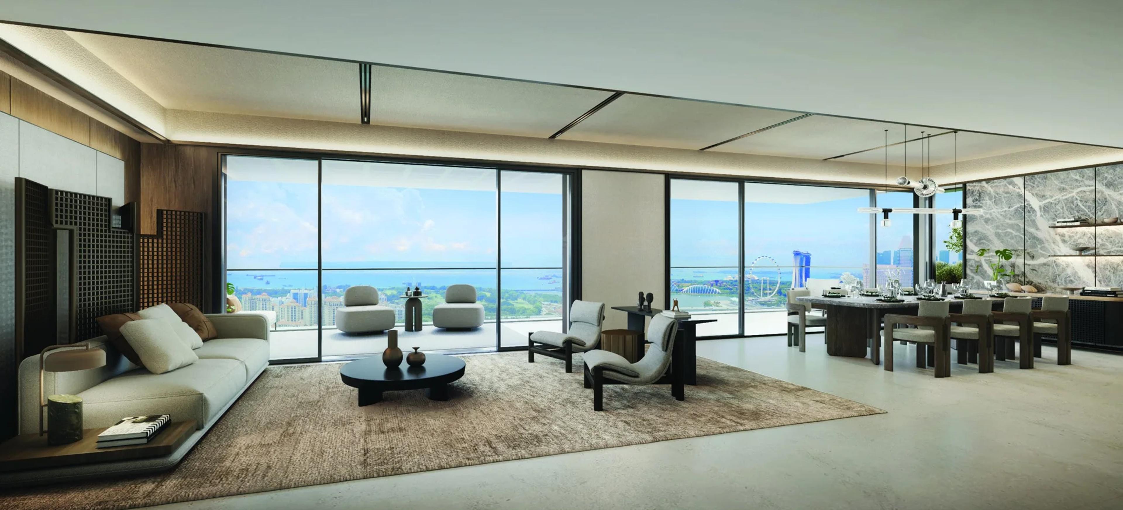 Artist's impression of an Aurea Sky Villa interior with city views