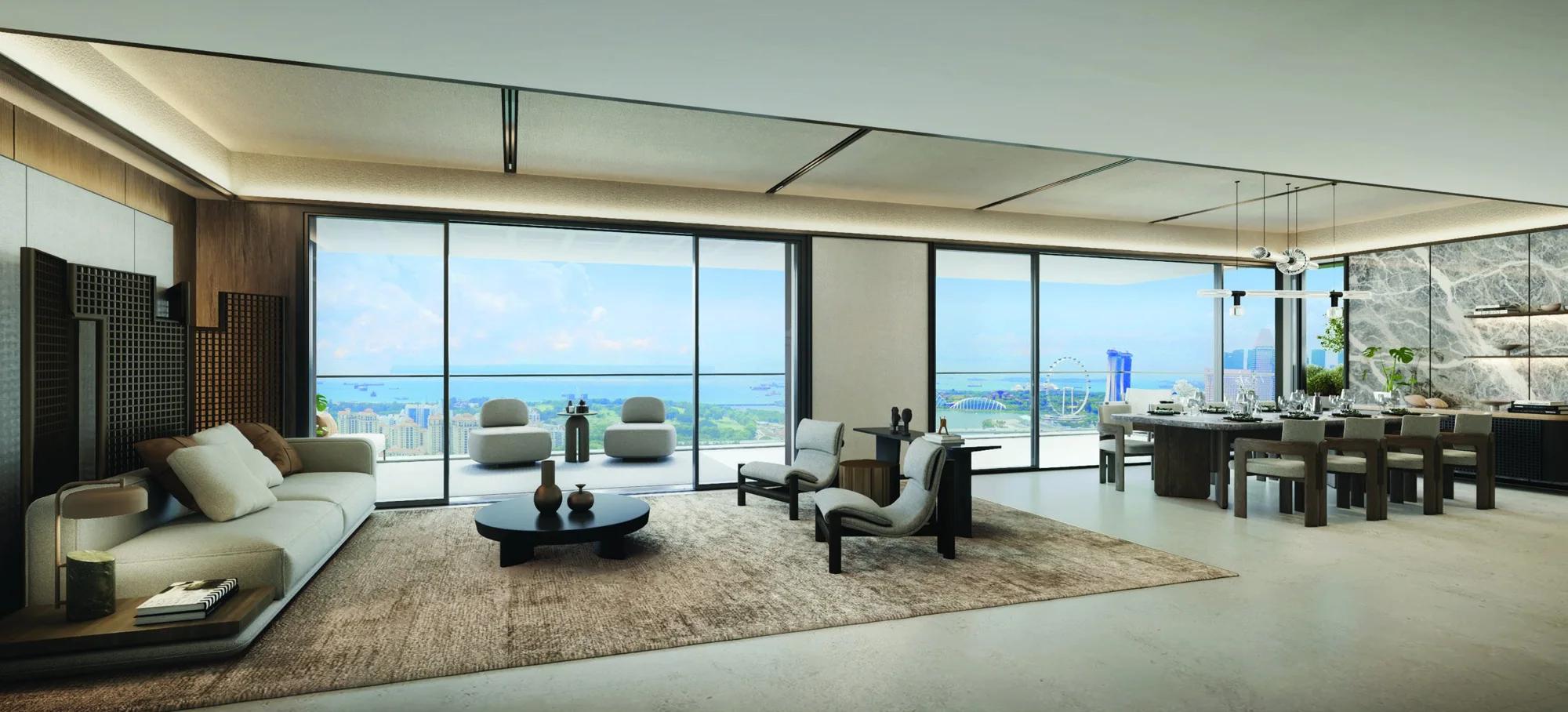 Artist's impression of an Aurea Sky Villa interior with city views